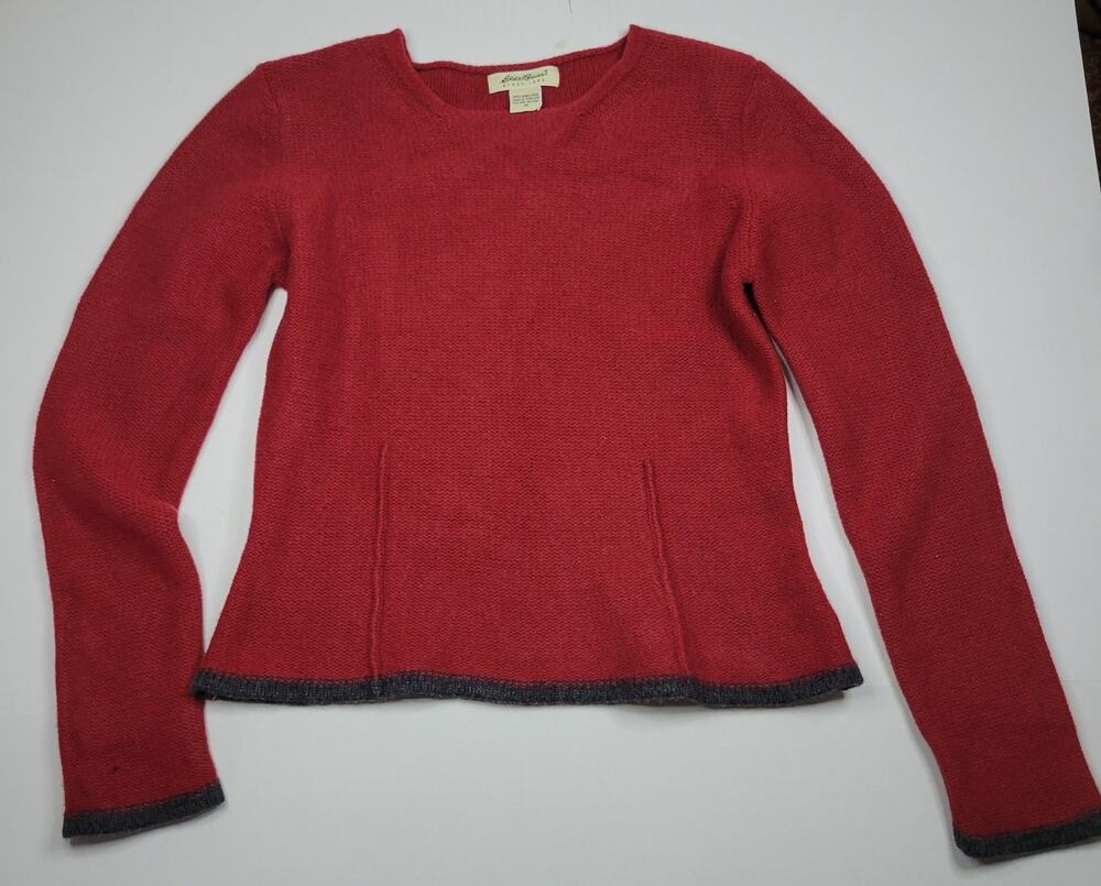 VTG Eddie Bauer Women's Medium Pullover Sweater 100% Lambswool Boxy Cherry Red